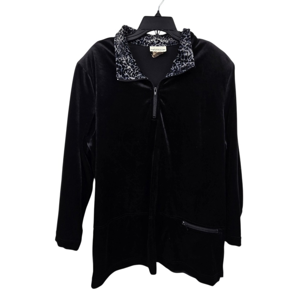 Vintage 90s Y2K Full Zip Velour Jacket Women Plus 2X Black Cheetah Collar Gothic